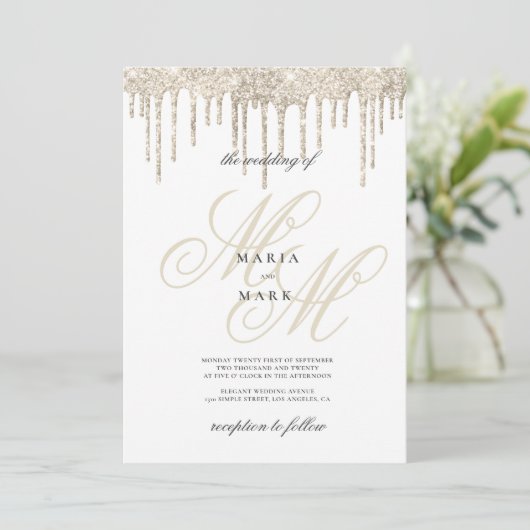 Invitation Parties scintillant or gouttes mariage initial mon (Debout devant)