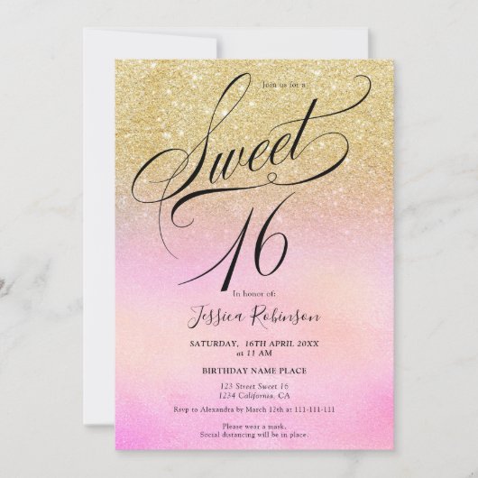 Invitation parties scintillant or holographique script chic S (Devant)