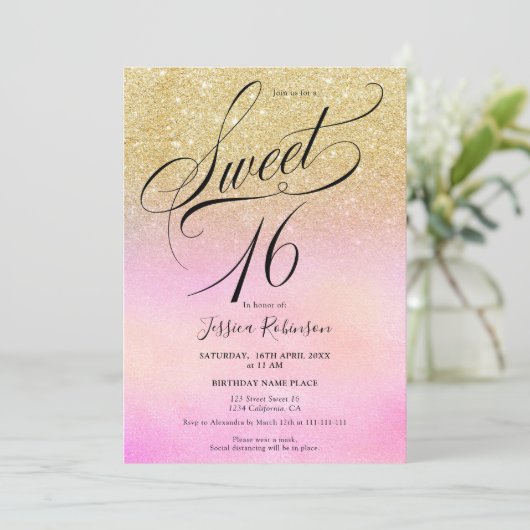 Invitation parties scintillant or holographique script chic S (Debout devant)