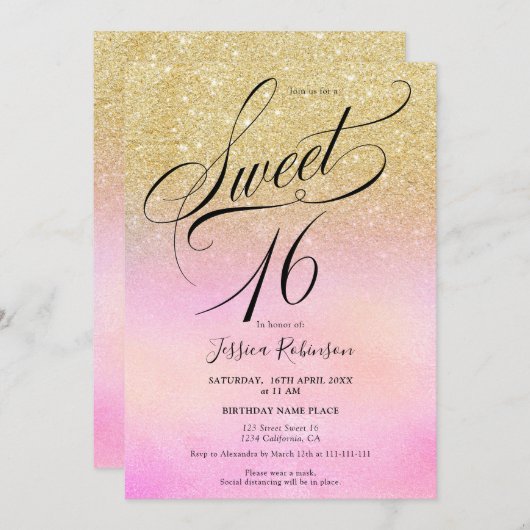 Invitation parties scintillant or holographique script chic S (Devant / Derrière)
