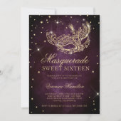 Invitation parties scintillant or mascarade masque prune Swee (Devant)