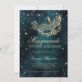 Invitation parties scintillant or mascarade masque turquoise (Devant)