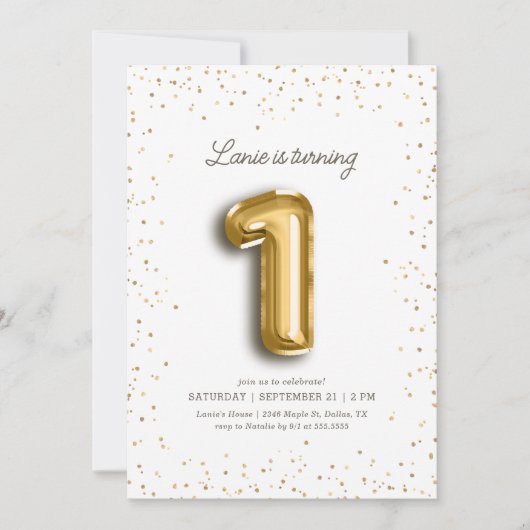 Invitation Parties scintillant Or moderne Foil Balloon 1er an (Devant)