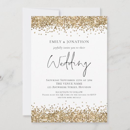 Invitation Parties scintillant Or moderne QR Code Mariage (Devant)