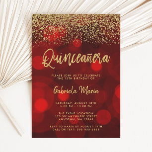 Invitation Parties scintillant or moderne Red Bokeh Quinceane