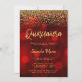Invitation Parties scintillant or moderne Red Bokeh Quinceane (Devant)