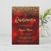 Invitation Parties scintillant or moderne Red Bokeh Quinceane (Debout devant)
