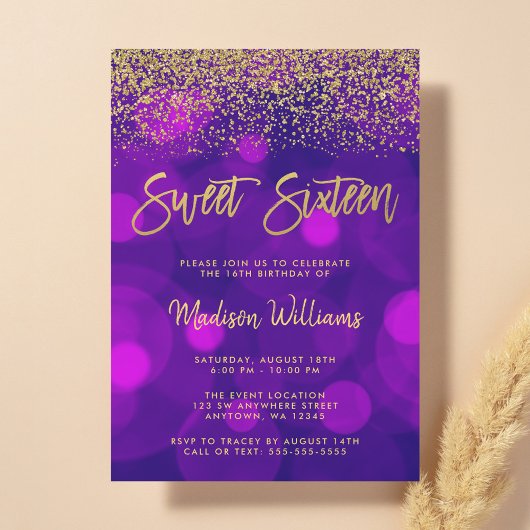 Invitation Parties scintillant or moderne violet Bokeh Sweet 