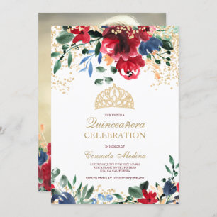 Invitation parties scintillant or photo florale tiara Quincea