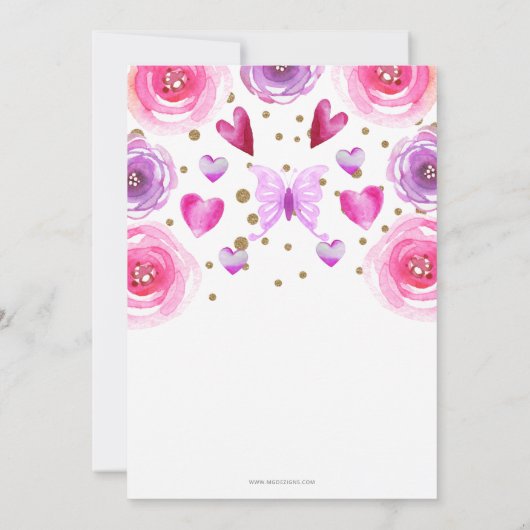 Invitation Parties scintillant or Pink Purple Papillons Baby  (Dos)