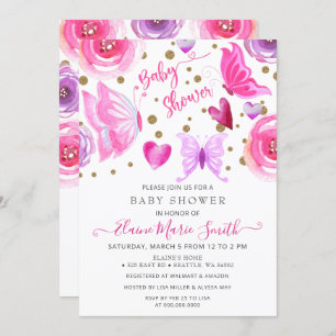 Invitation Parties scintillant or Pink Purple Papillons Baby 