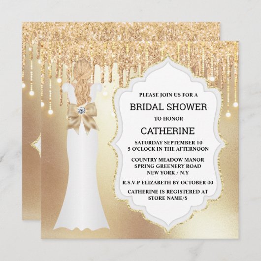 Invitation Parties scintillant or robe mariée élégant brillan (Devant / Derrière)