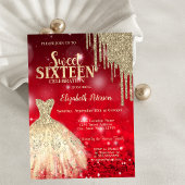 Invitation Parties scintillant or, Robe Rouge Bokeh Sweet 16