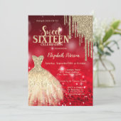 Invitation Parties scintillant or, Robe Rouge Bokeh Sweet 16 (Debout devant)
