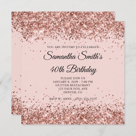 Invitation Parties scintillant or rose Blush 40e anniversaire (Devant / Derrière)