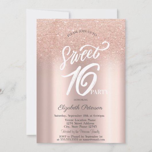 Invitation Parties scintillant or rose Bokeh Ombre Sweet 16 (Devant)