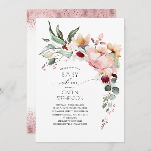 Invitation Parties scintillant or Rose brillant Baby shower f (Devant / Derrière)