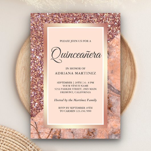 Invitation Parties scintillant or rose Coral Marbre rose Quin
