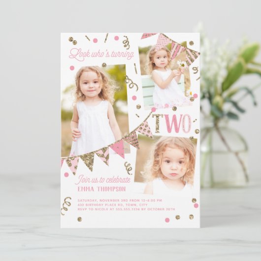 Invitation Parties scintillant or rose Deuxième anniversaire (Debout devant)