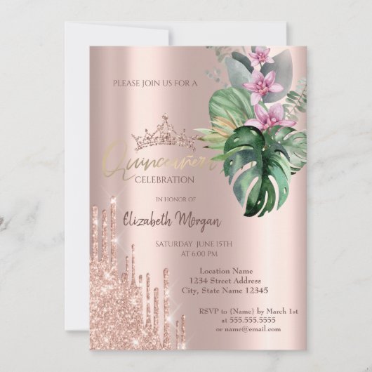 Invitation Parties scintillant or rose Drop Fleurs tropicales (Devant)
