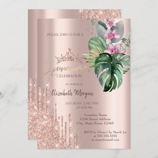 Invitation Parties scintillant or rose Drop Fleurs tropicales (Devant / Derrière)
