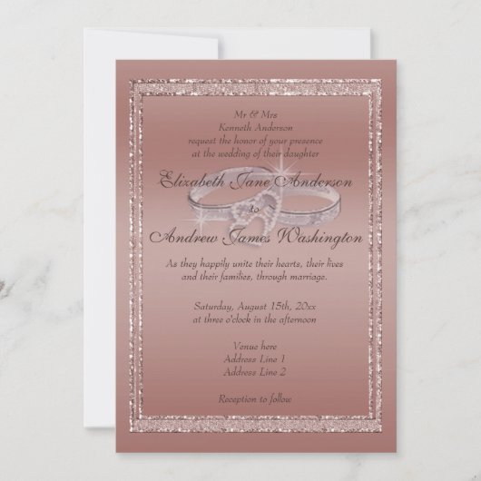 Invitation Parties scintillant or rose et anneaux Mariage arg (Devant)