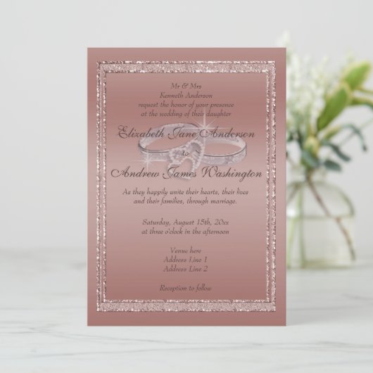 Invitation Parties scintillant or rose et anneaux Mariage arg (Debout devant)