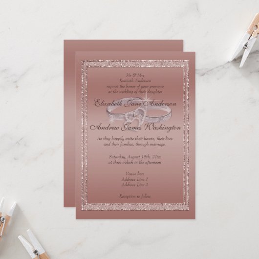 Invitation Parties scintillant or rose et anneaux Mariage arg (Devant/Arrière en situation)