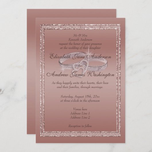 Invitation Parties scintillant or rose et anneaux Mariage arg (Devant / Derrière)