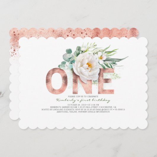 Invitation Parties scintillant or rose et fleurs blanches 1er (Devant / Derrière)