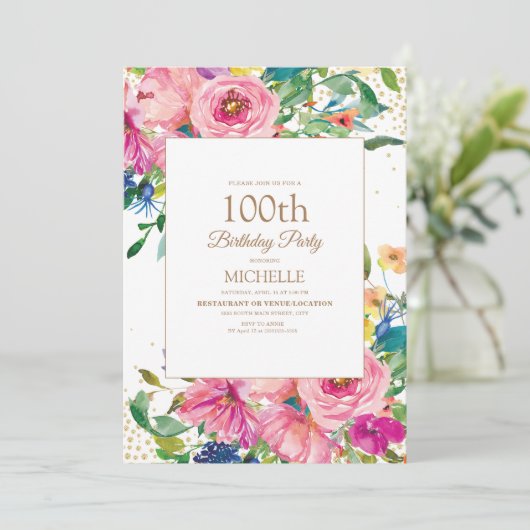Invitation Parties scintillant or rose jaune floral 100e anni (Debout devant)