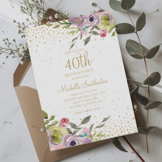 Invitation Parties scintillant or rose jaune floral 40e anniv
