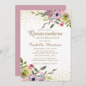 Invitation Parties scintillant or rose jaune Floral Quinceañe (Devant / Derrière)