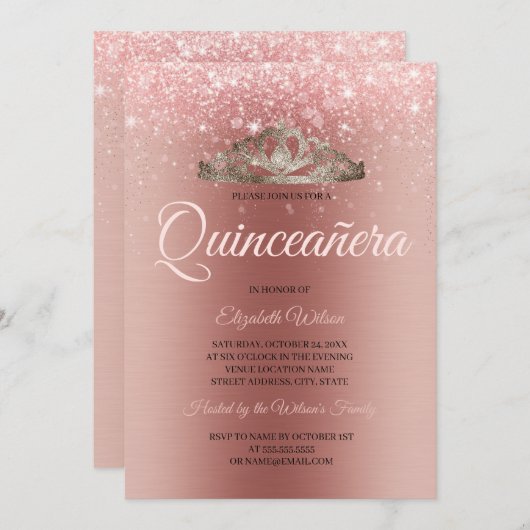 Invitation Parties scintillant or Rose métal brossé moderne Q (Devant / Derrière)