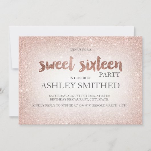 Invitation parties scintillant or rose ombre chic moderne Swe (Devant)