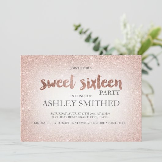 Invitation parties scintillant or rose ombre chic moderne Swe (Debout devant)