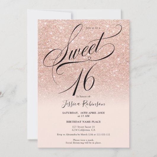 Invitation parties scintillant or rose ombre chic script rose (Devant)