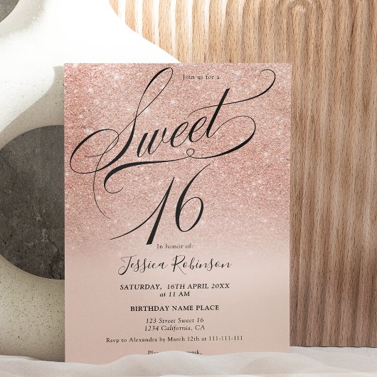 Invitation parties scintillant or rose ombre chic script rose