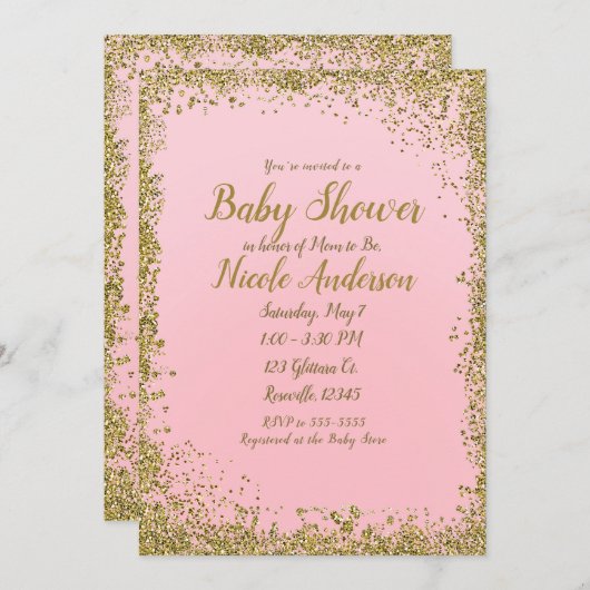 Invitation Parties scintillant or rose pâle Glam Baby shower (Devant / Derrière)