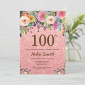 Invitation Parties scintillant or rose rose floral 100e anniv (Debout devant)
