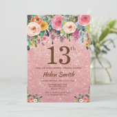 Invitation Parties scintillant or rose rose Floral 13e annive (Debout devant)