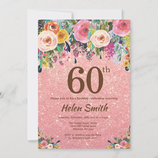 Invitation Parties scintillant or rose rose Floral 60e annive (Devant)