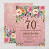 Invitation Parties scintillant or rose rose Floral 70e annive (Devant / Derrière)