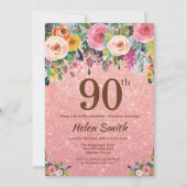 Invitation Parties scintillant or rose rose floral 90e annive (Devant)