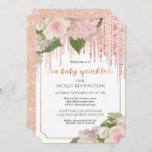 Invitation Parties scintillant or rose rose Floral bébé fille (Devant / Derrière)