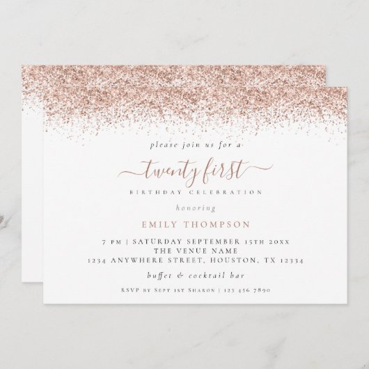 Invitation Parties scintillant or Rose tendance 21e fête d'an (Devant / Derrière)