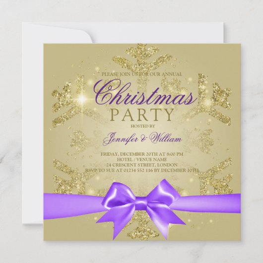 Invitation Parties scintillant Or & Ruban Violet | Fête de No (Devant)