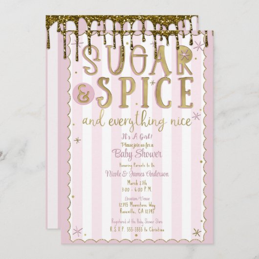 Invitation PARTIES SCINTILLANT or SUCRE & ÉPICE Baby shower r (Devant / Derrière)