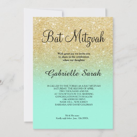 Invitation Parties scintillant or turquoise ombre Bat mitzvah (Devant)