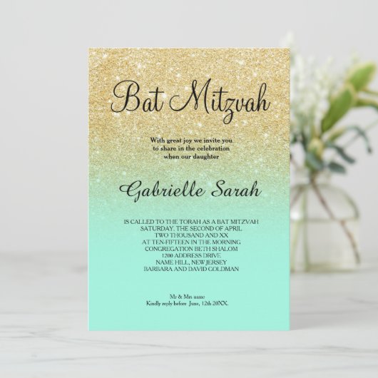 Invitation Parties scintillant or turquoise ombre Bat mitzvah (Debout devant)